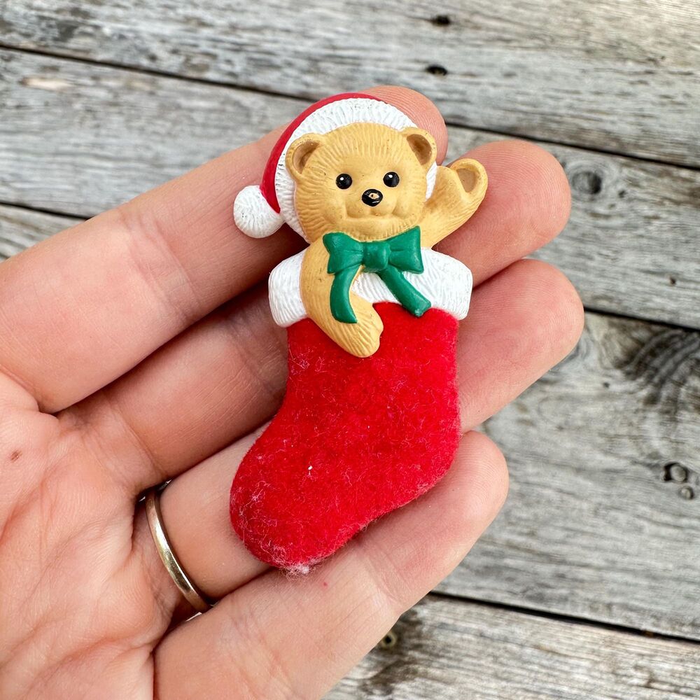 Vintage Jewelry Small Vintage Bear in Velvet Stocking brooch Christmas jewelry